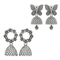 Etnico Traditional Stylish Fancy Silver Oxidised Afghani Jhumka Earrings Combo For Women