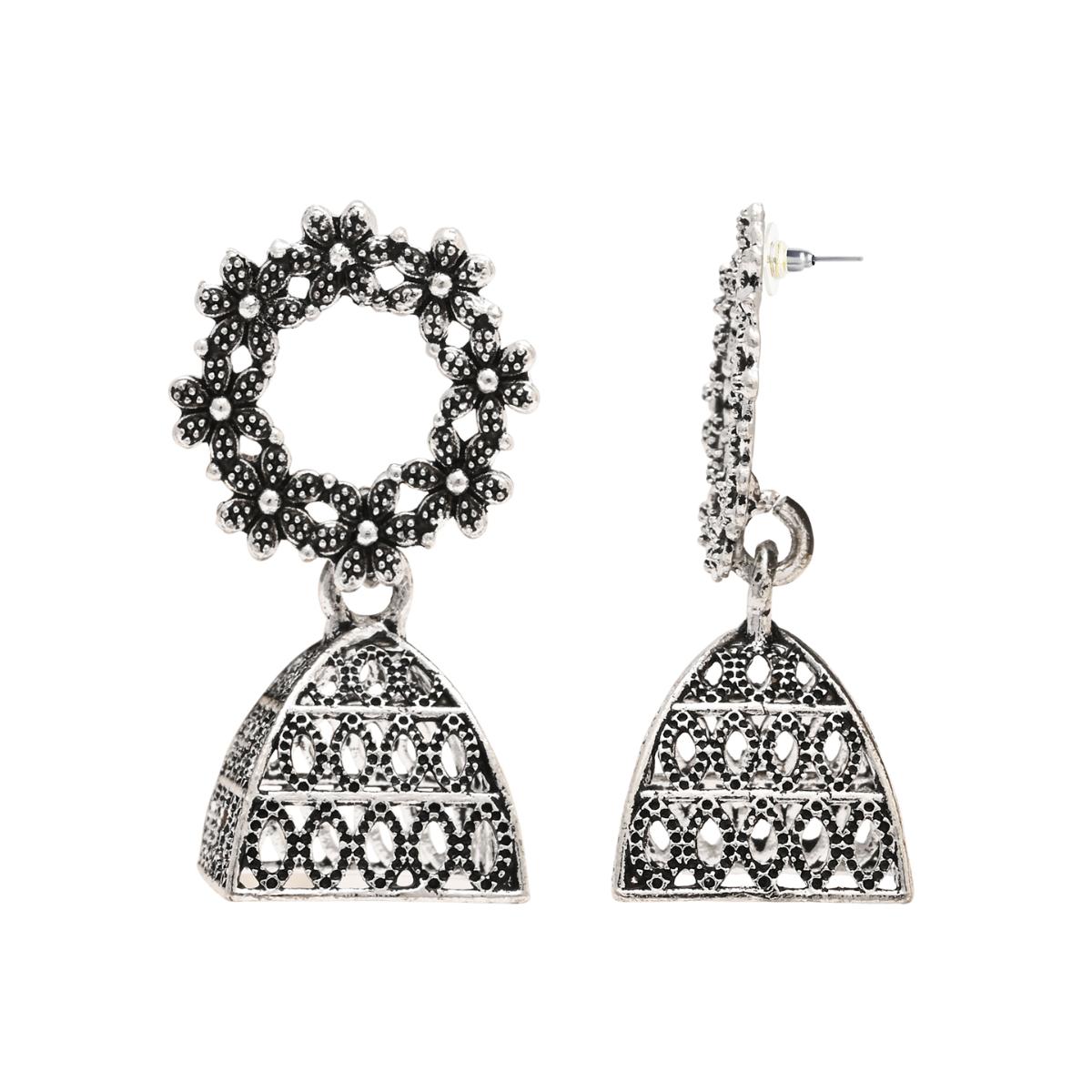 Etnico Traditional Stylish Fancy Silver Oxidised Afghani Jhumka Earrings Combo For Women