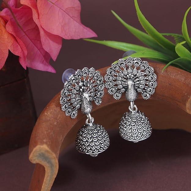 Etnico Ethnic Silver Oxidised Jhumka Earrings For Women