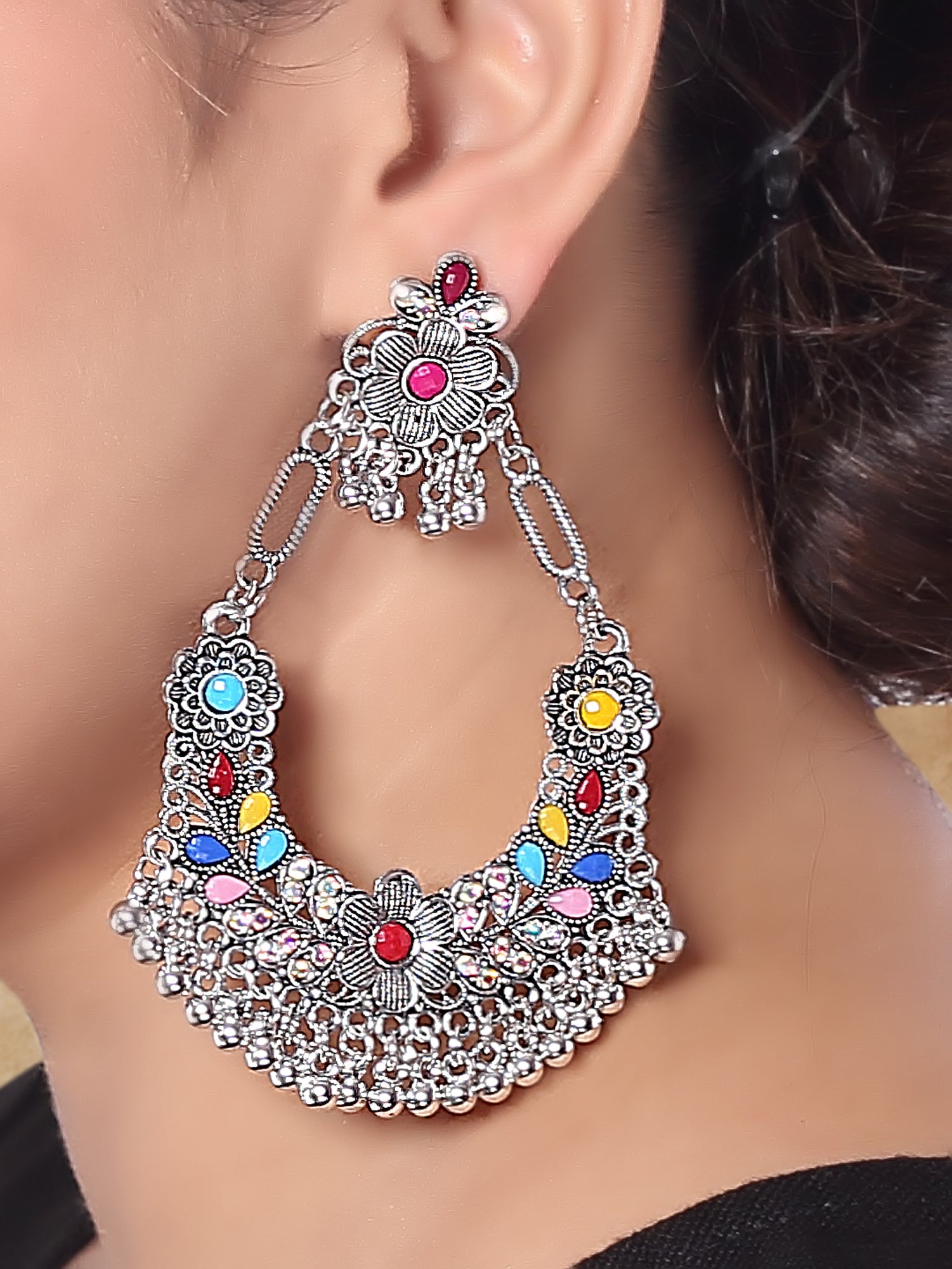 Etnico Traditional Silver Oxidised Afghani Style Dangle Earrings For Women
