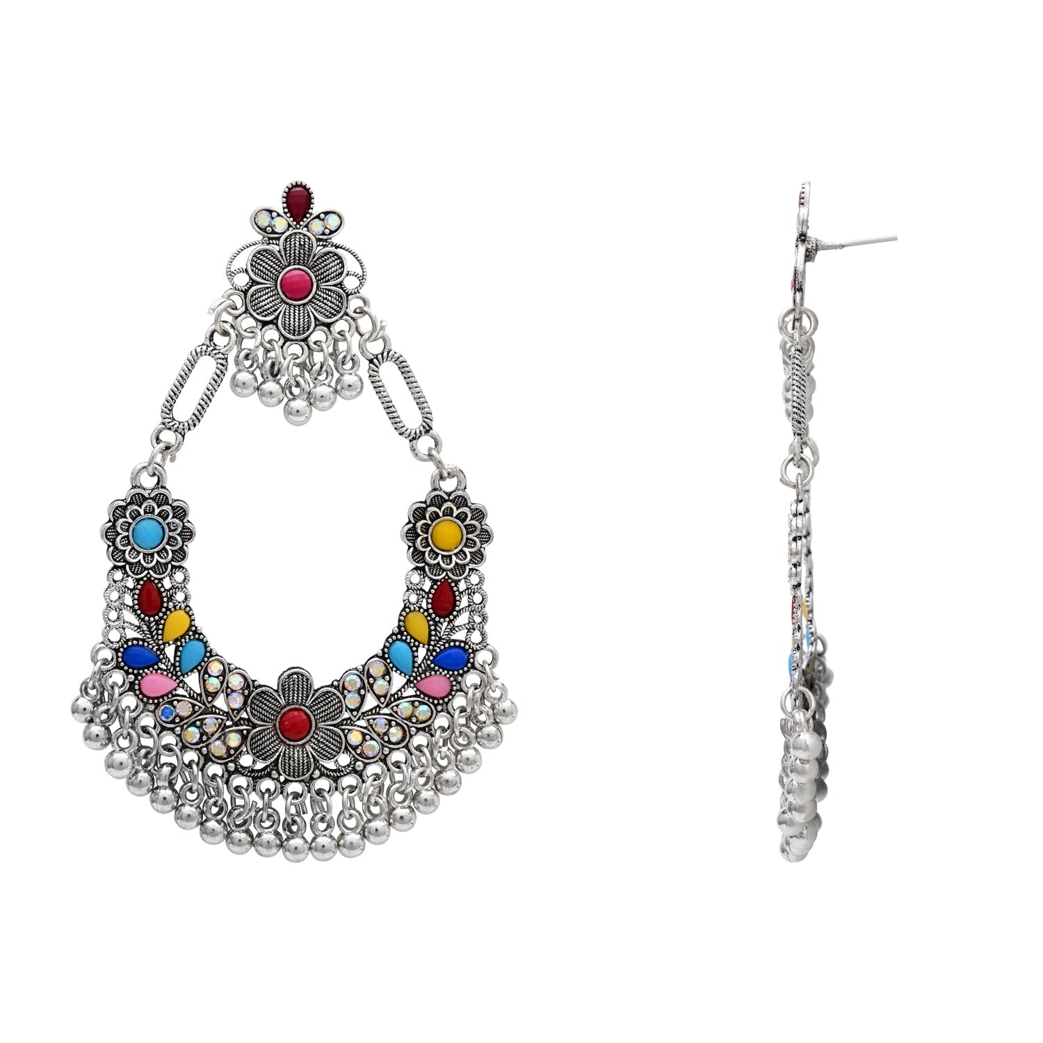 Etnico Traditional Silver Oxidised Afghani Style Dangle Earrings For Women