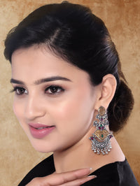 Etnico Silver Oxidised Traditional Peacock & Floral Design Ghungroo Detailing Dangle Earrings for Women