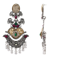 Etnico Silver Oxidised Traditional Peacock & Floral Design Ghungroo Detailing Dangle Earrings for Women