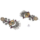 Etnico Silver Oxidised Traditional Peacock & Floral Design Ghungroo Detailing Dangle Earrings for Women