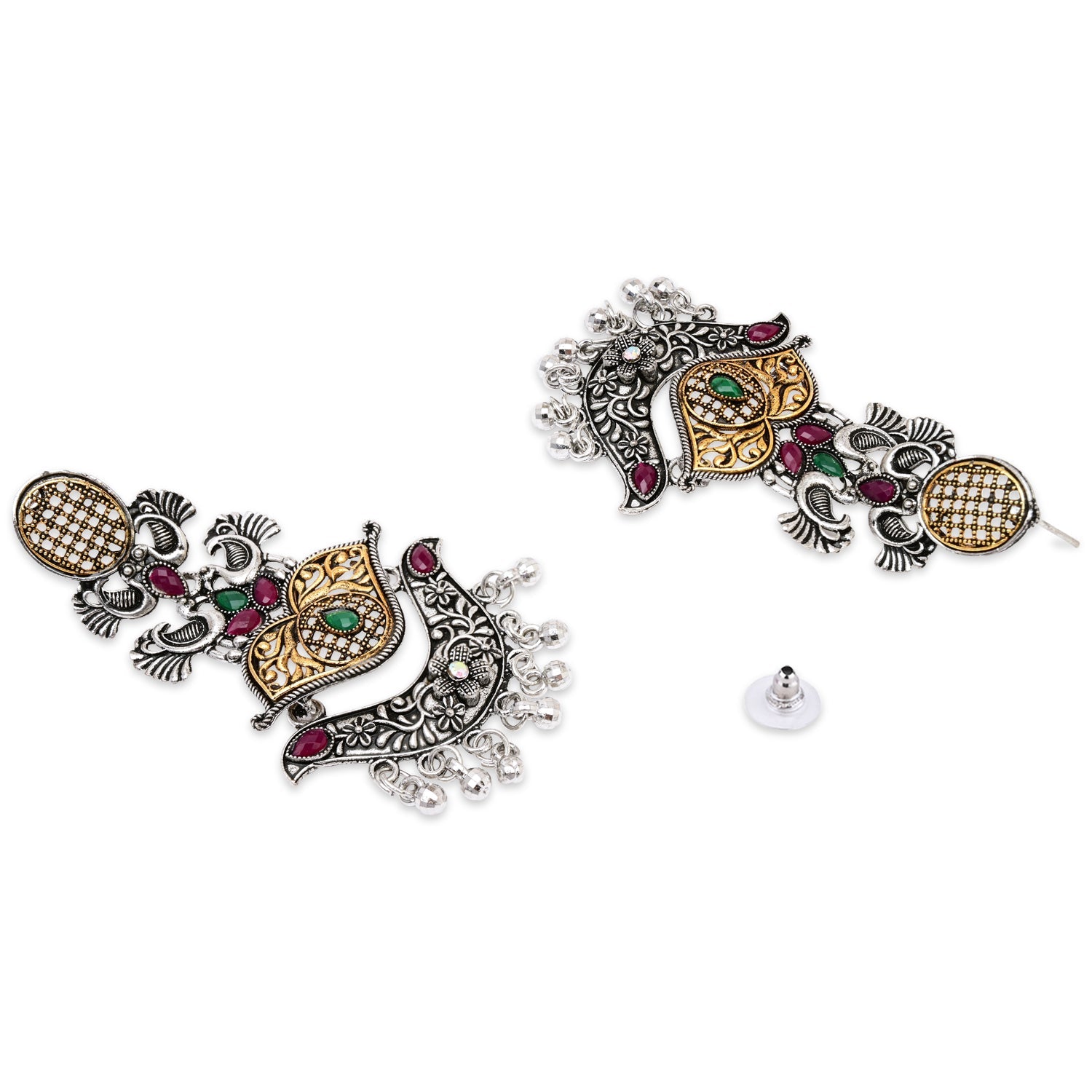 Etnico Silver Oxidised Traditional Peacock & Floral Design Ghungroo Detailing Dangle Earrings for Women