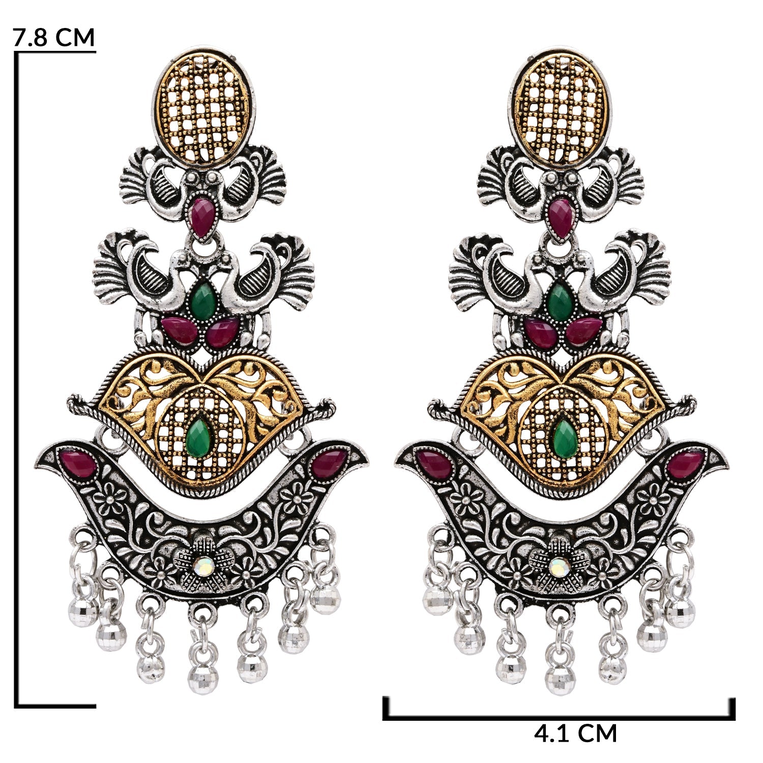 Etnico Silver Oxidised Traditional Peacock & Floral Design Ghungroo Detailing Dangle Earrings for Women