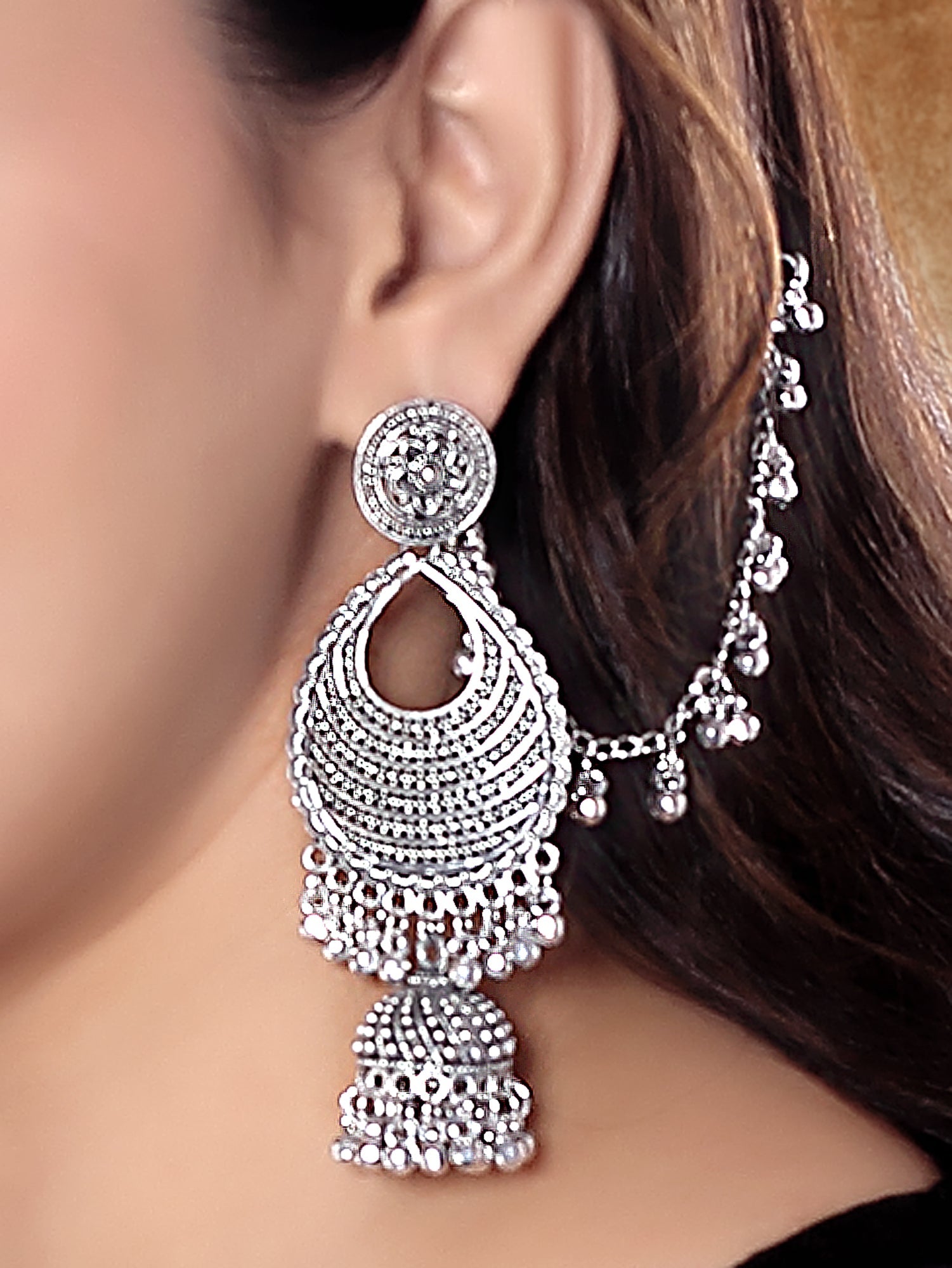 Etnico Silver Oxidised Traditional Jhumka Hair Chain/Ear chain Accessories with Hook For Women