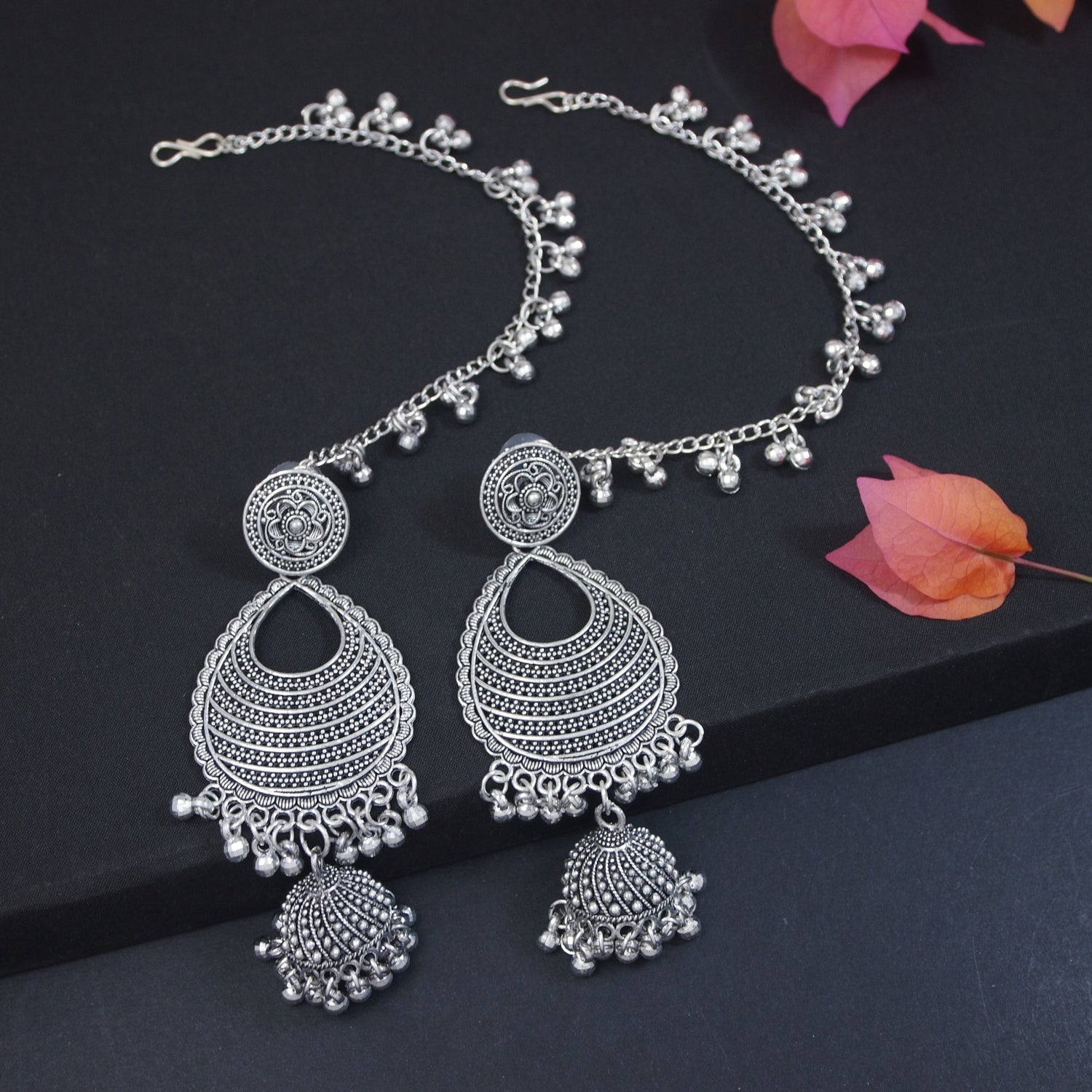 Etnico Silver Oxidised Traditional Jhumka Hair Chain/Ear chain Accessories with Hook For Women