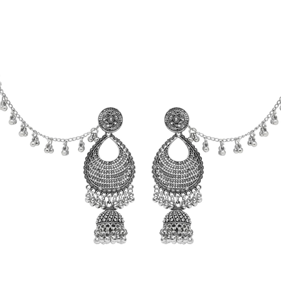 Etnico Silver Oxidised Traditional Jhumka Hair Chain/Ear chain Accessories with Hook For Women