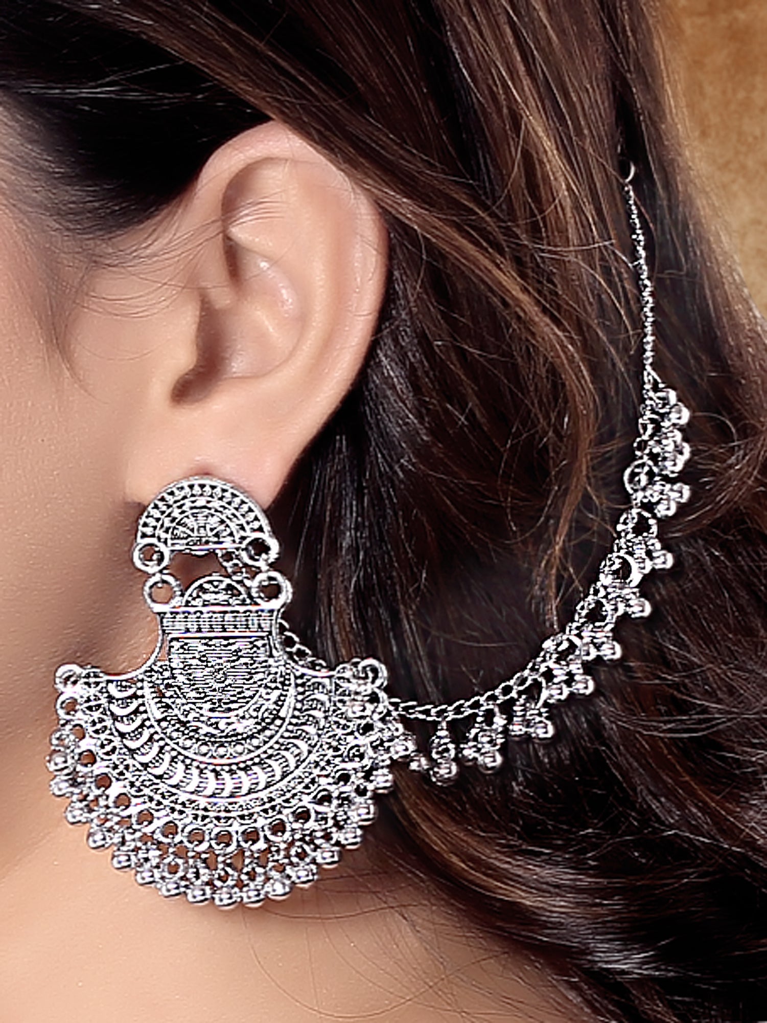 Etnico Silver Oxidised Traditional Jhumka Hair Chain/Ear chain Accessories with Hook For Women