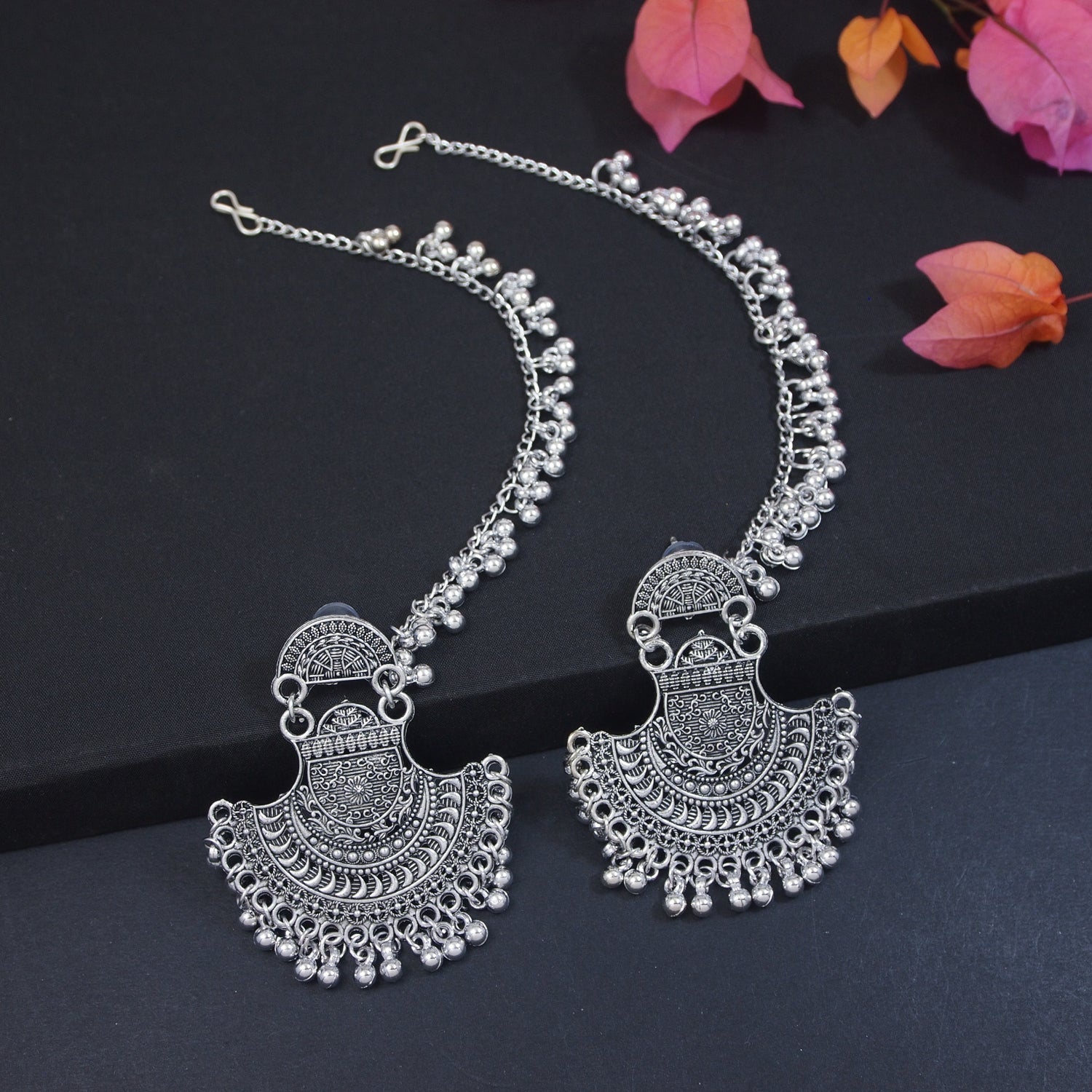 Etnico Silver Oxidised Traditional Jhumka Hair Chain/Ear chain Accessories with Hook For Women