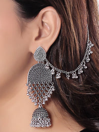 Etnico Silver Oxidised Traditional Jhumka Hair Chain/Ear chain Accessories with Hook For Women