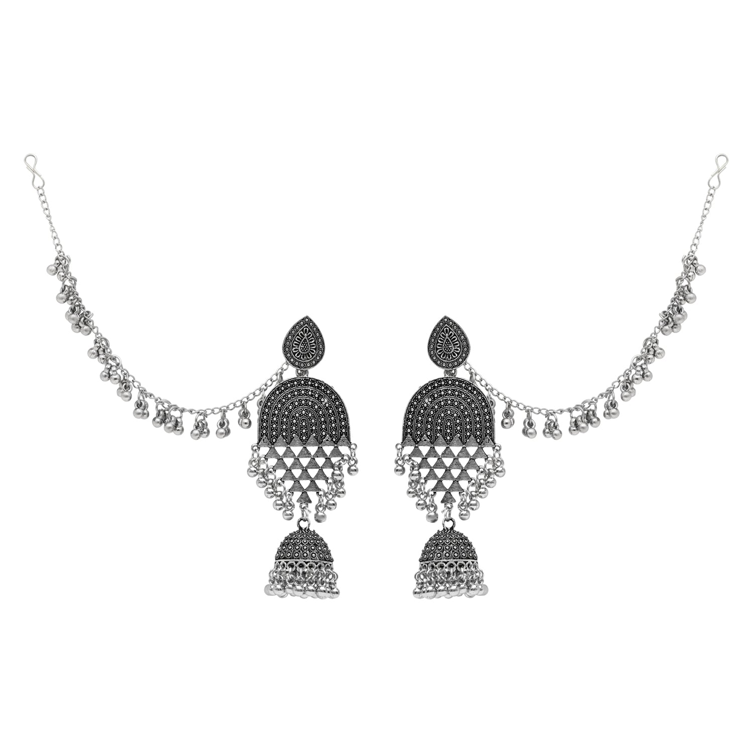 Etnico Silver Oxidised Traditional Jhumka Hair Chain/Ear chain Accessories with Hook For Women