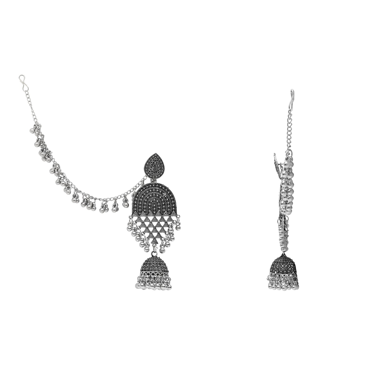 Etnico Silver Oxidised Traditional Jhumka Hair Chain/Ear chain Accessories with Hook For Women