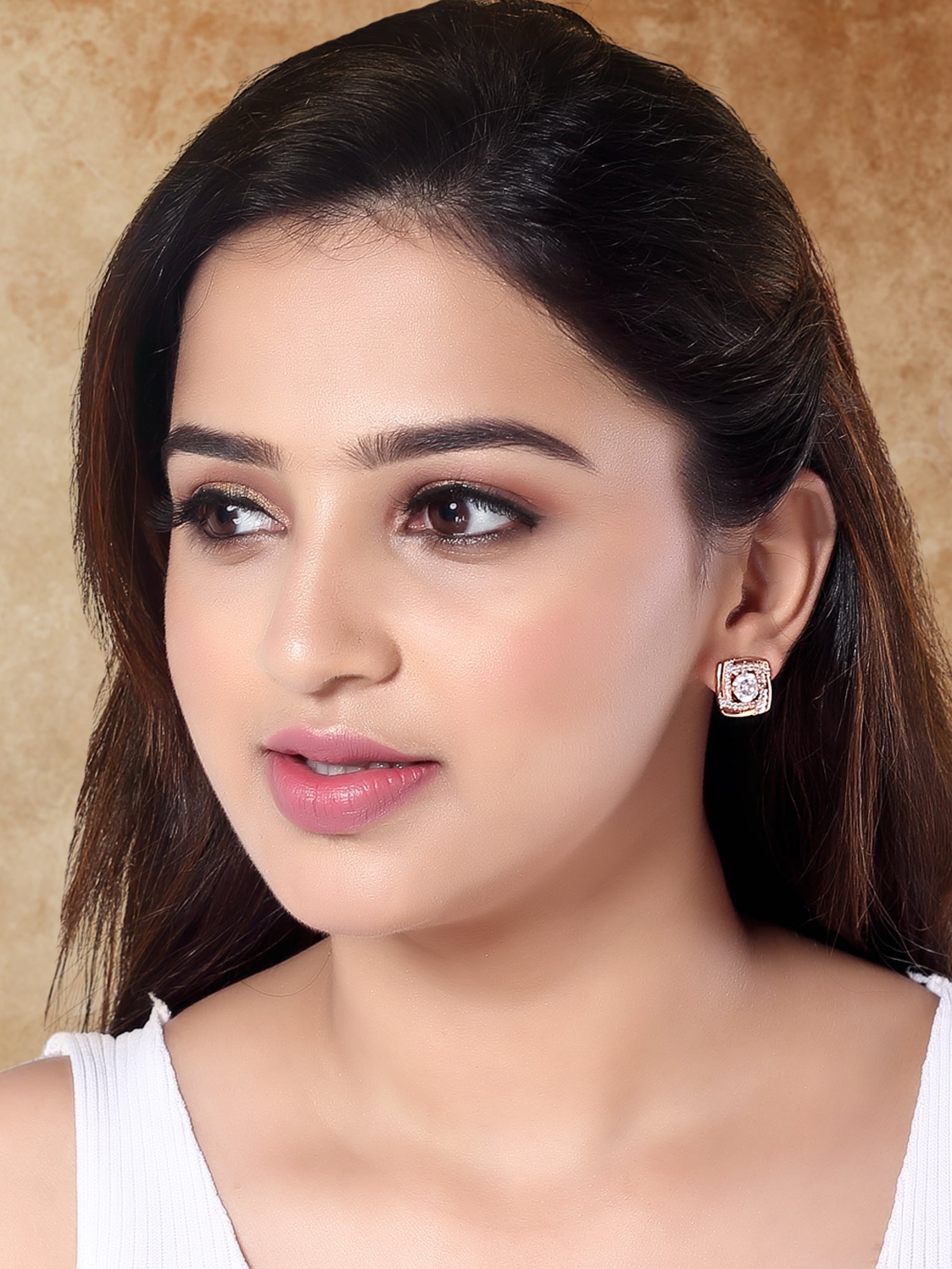 Etnico Latest Stylish Rose Gold Plated CZ American Diamond Stud Earrings For Women