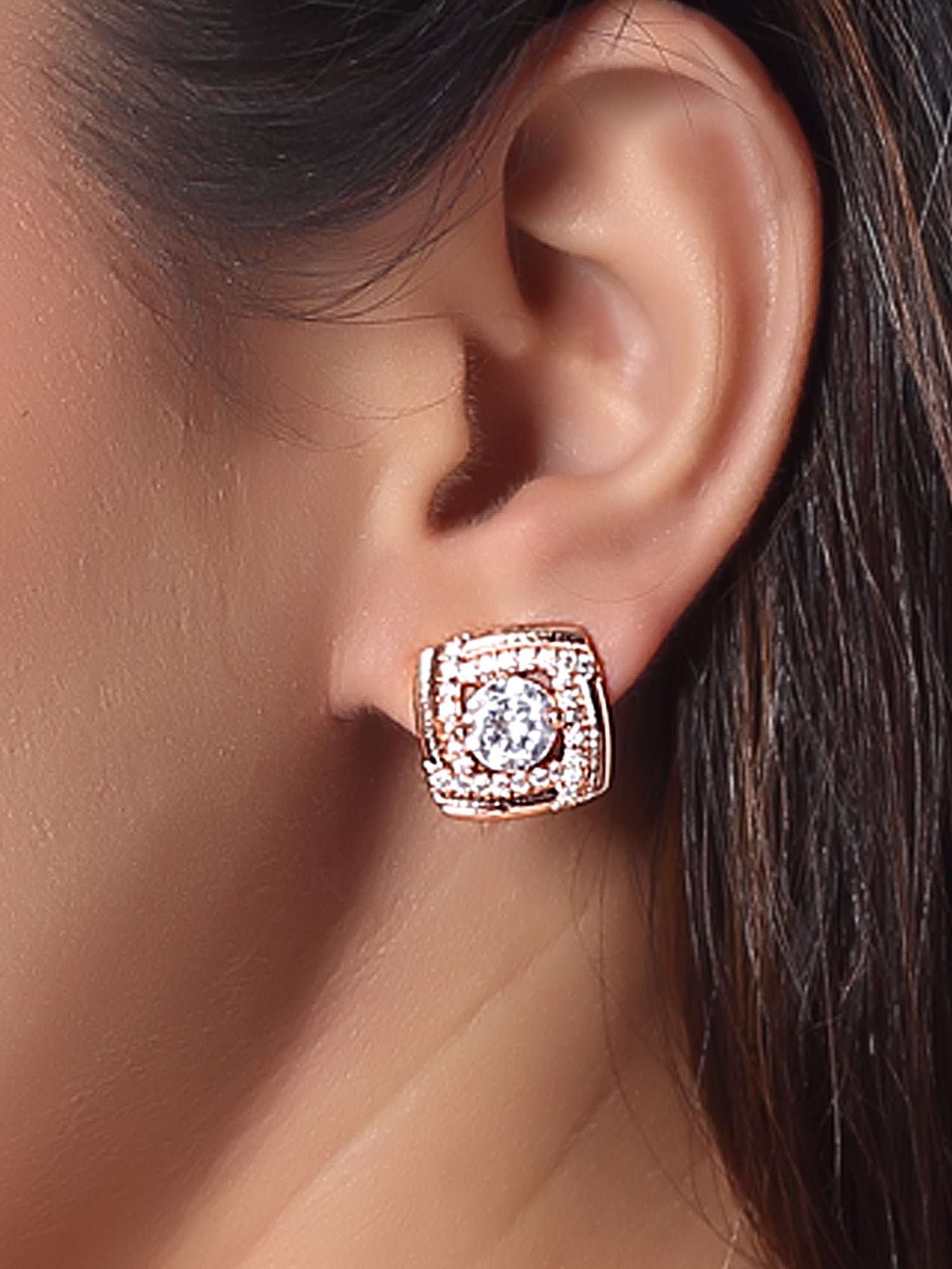 Etnico Latest Stylish Rose Gold Plated CZ American Diamond Stud Earrings For Women