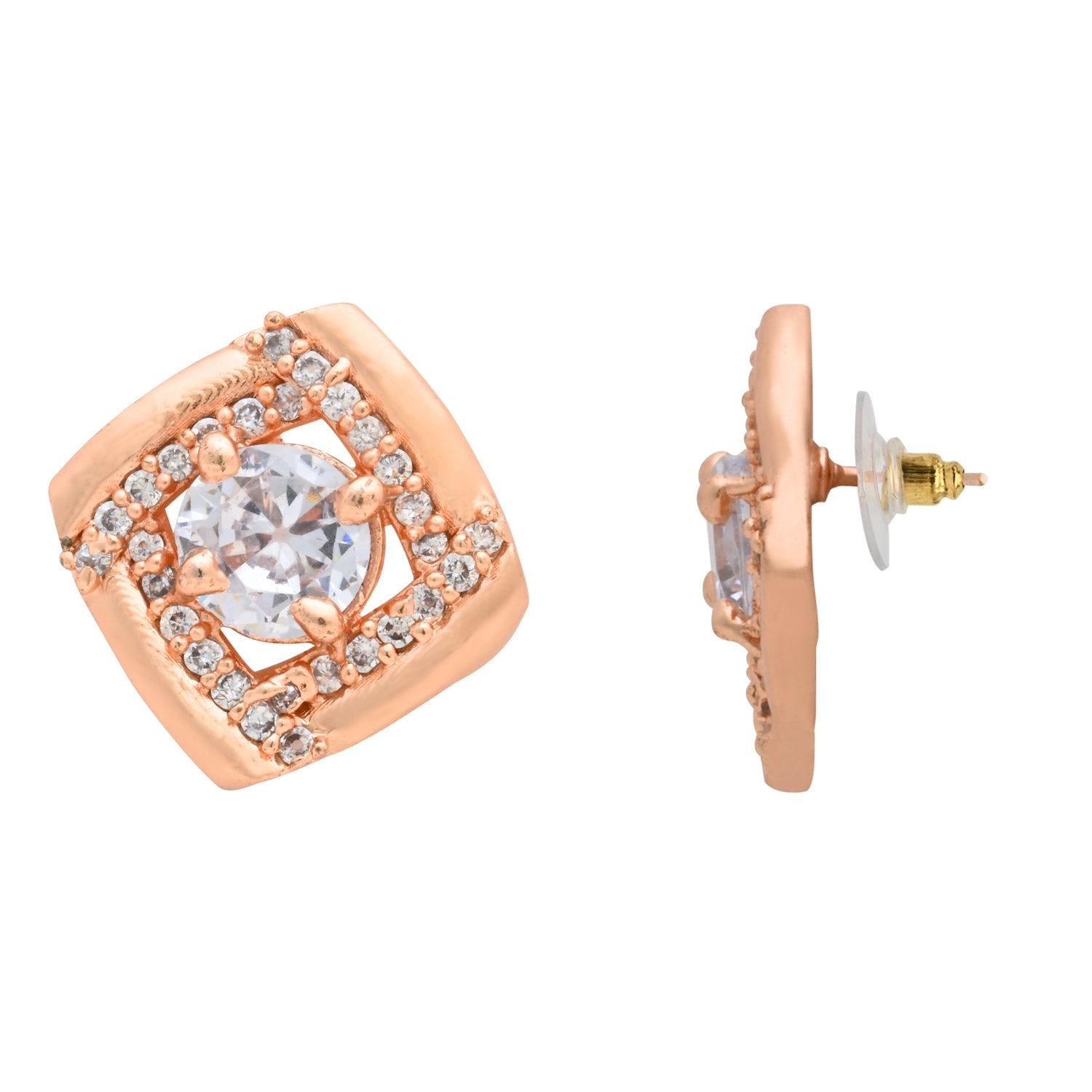 Etnico Latest Stylish Rose Gold Plated CZ American Diamond Stud Earrings For Women