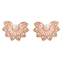 Etnico Rose Gold Plated Cubic Zirconia and American Diamond Fashionable Pearl Look Stud brass Earrings For Women