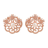 Etnico Rose Gold Plated Cubic Zirconia and American Diamond Fashionable Pearl Look Stud Earrings For Women