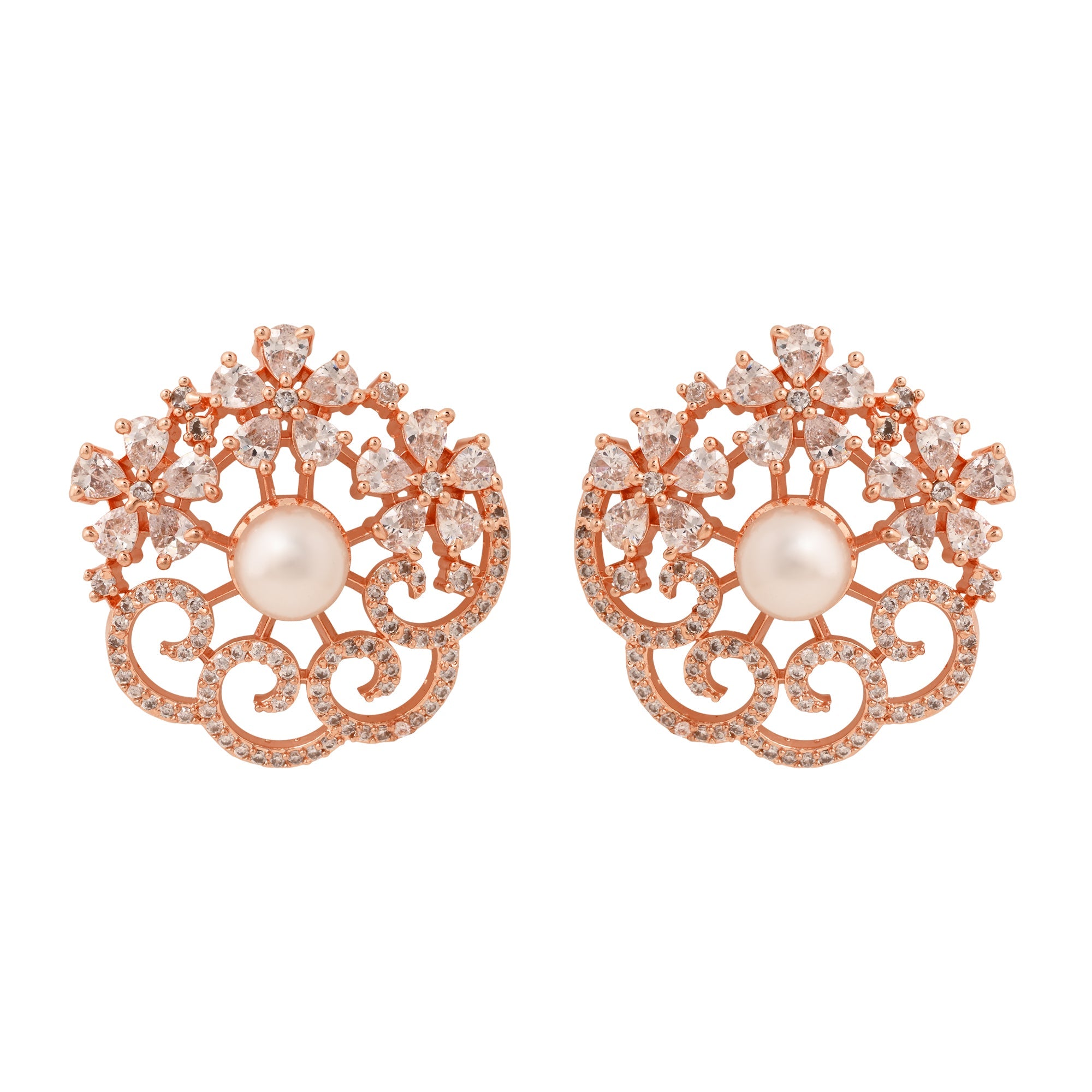 Etnico Rose Gold Plated Cubic Zirconia and American Diamond Fashionable Pearl Look Stud Earrings For Women
