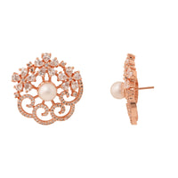 Etnico Rose Gold Plated Cubic Zirconia and American Diamond Fashionable Pearl Look Stud Earrings For Women