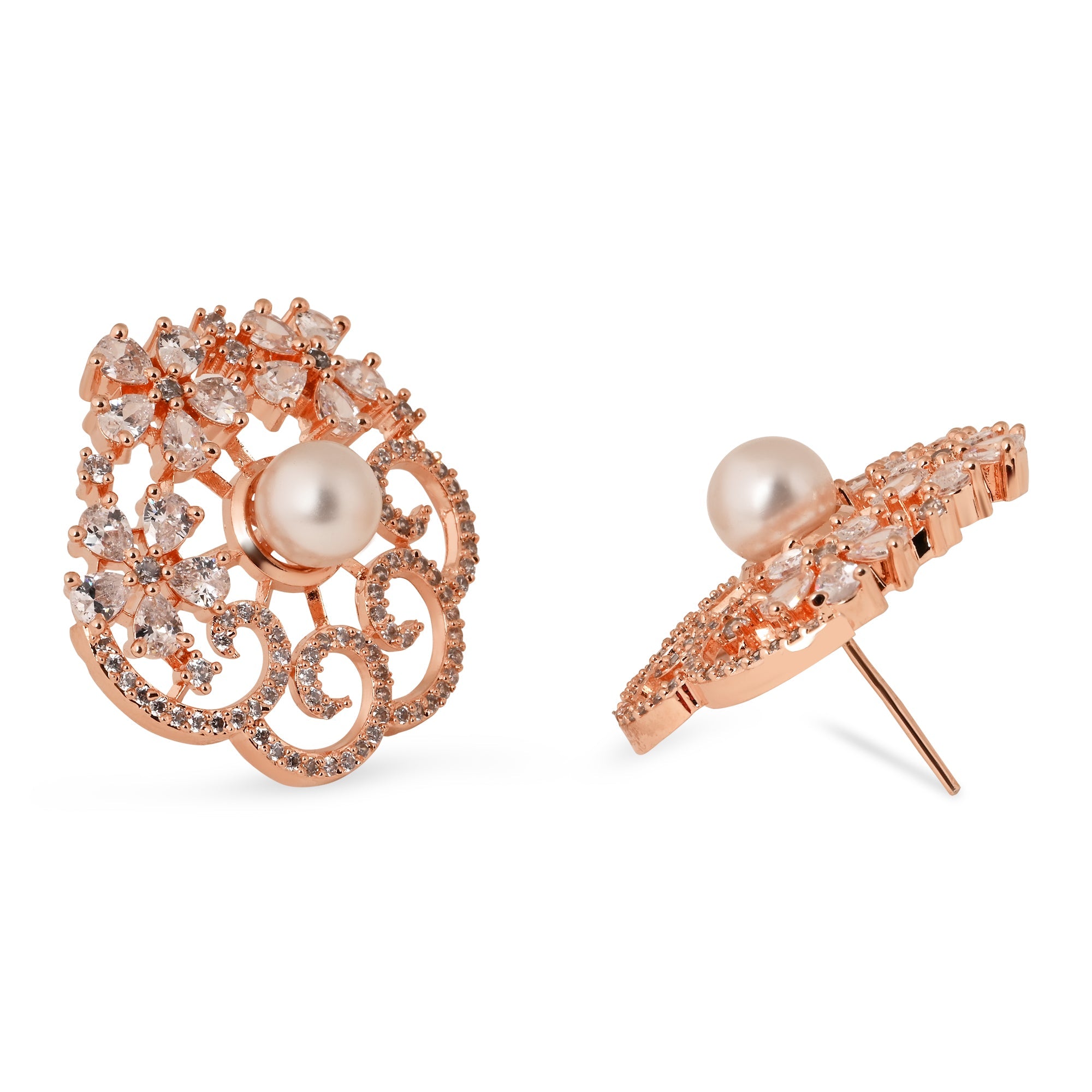 Etnico Rose Gold Plated Cubic Zirconia and American Diamond Fashionable Pearl Look Stud Earrings For Women