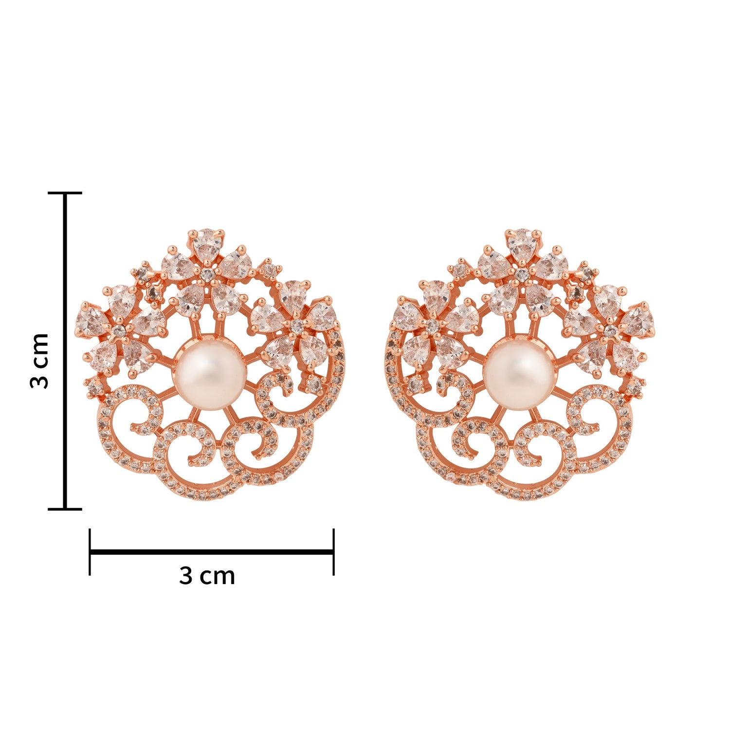 Etnico Rose Gold Plated Cubic Zirconia and American Diamond Fashionable Pearl Look Stud Earrings For Women