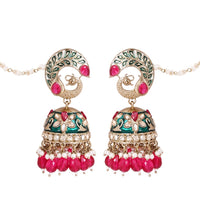 Etnico Gold Plated Traditional Meenakari Jhumka with Ear chain For Women