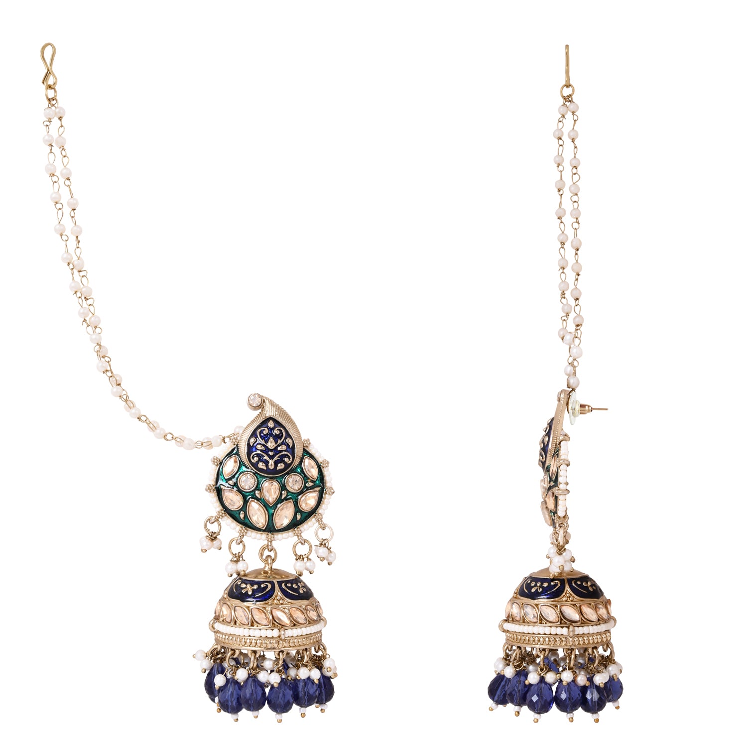 Etnico Gold Plated Traditional Meenakari Jhumka with Ear chain For Women