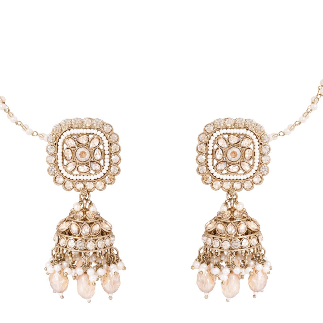 Etnico Gold Plated Traditional Kundan & Pearl Jhumka Earrings With Earchain For Women