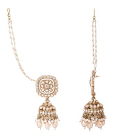 Etnico Gold Plated Traditional Kundan & Pearl Jhumka Earrings With Earchain For Women