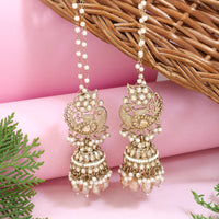 Etnico Gold Plated Traditional Kundan & Pearl Jhumka Earrings With Earchain For Women