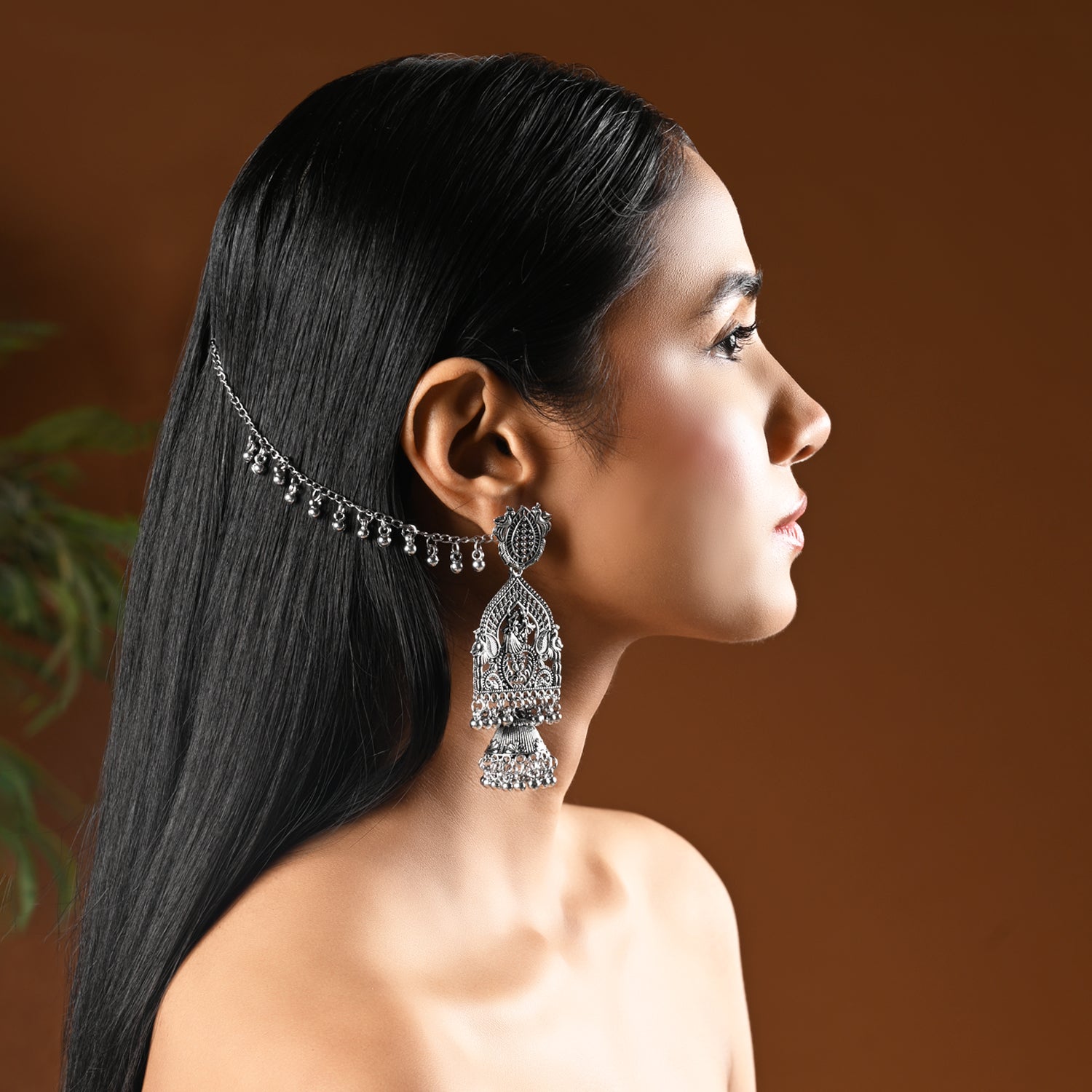 Etnico Silver Plated Traditional Statement Earring With Ear Chain for Women