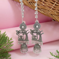 Etnico Silver Plated Traditional Jhumka Motif Oxidised Earring With Ear Chain for Women