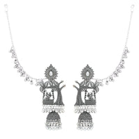 Etnico Silver Plated Traditional Jhumka Motif Oxidised Earring With Ear Chain for Women