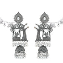 Etnico Silver Plated Traditional Jhumka Motif Oxidised Earring With Ear Chain for Women