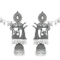Etnico Silver Plated Traditional Jhumka Motif Oxidised Earring With Ear Chain for Women