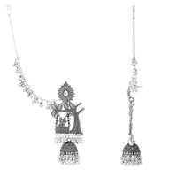 Etnico Silver Plated Traditional Jhumka Motif Oxidised Earring With Ear Chain for Women