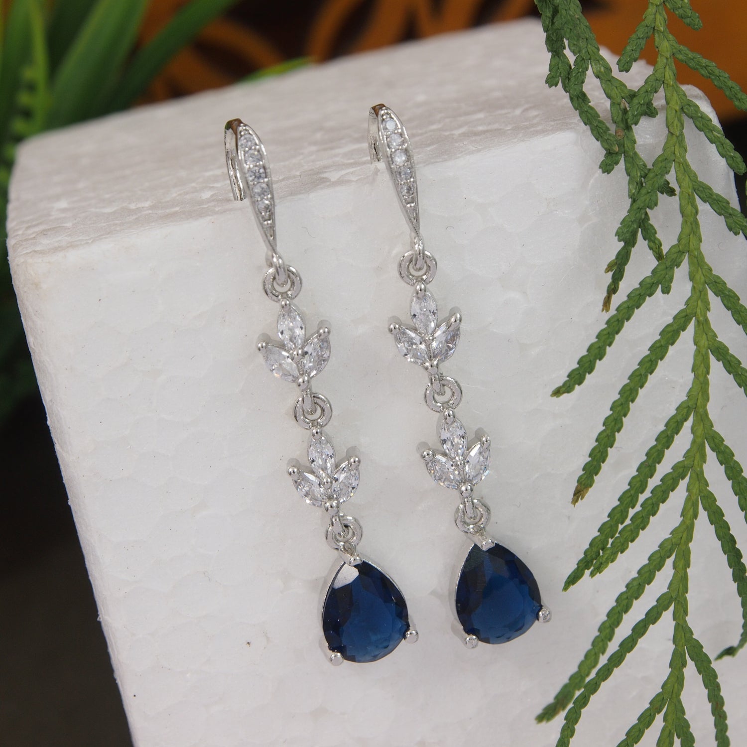 Etnico Silver Plated Cubic Zirconia American Diamond Drop Earrings for Women (Silver blue)
