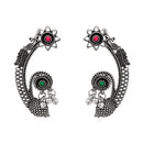 Etnico Navratri Silver Oxidised Floral Ear Cuffs with Ghungroo Drops Earrings for Women (E3395OX)