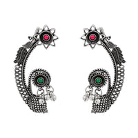 Etnico Navratri Silver Oxidised Floral Ear Cuffs with Ghungroo Drops Earrings for Women (E3395OX)