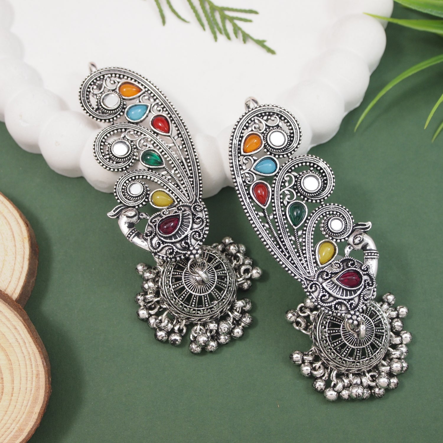 Etnico Navratri Silver Oxidised Traditional Paisley Ear Cuffs with Colourful Detailing & Jhumka Drops Earrings for Women