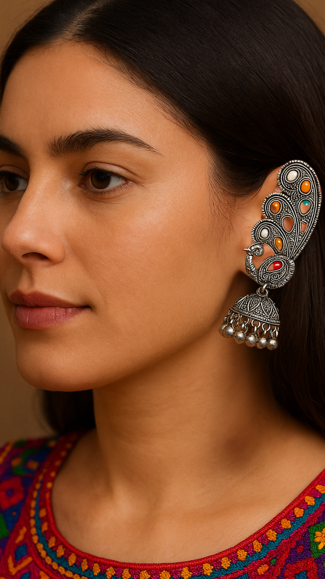Etnico Navratri Silver Oxidised Traditional Paisley Ear Cuffs with Colourful Detailing & Jhumka Drops Earrings for Women