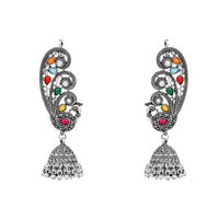 Etnico Navratri Silver Oxidised Traditional Paisley Ear Cuffs with Colourful Detailing & Jhumka Drops Earrings for Women