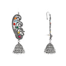 Etnico Navratri Silver Oxidised Traditional Paisley Ear Cuffs with Colourful Detailing & Jhumka Drops Earrings for Women