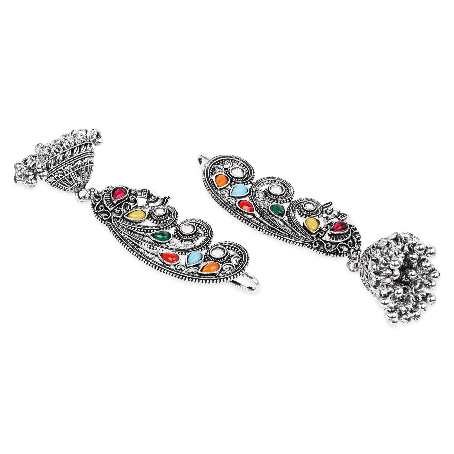 Etnico Navratri Silver Oxidised Traditional Paisley Ear Cuffs with Colourful Detailing & Jhumka Drops Earrings for Women