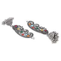 Etnico Navratri Silver Oxidised Traditional Paisley Ear Cuffs with Colourful Detailing & Jhumka Drops Earrings for Women