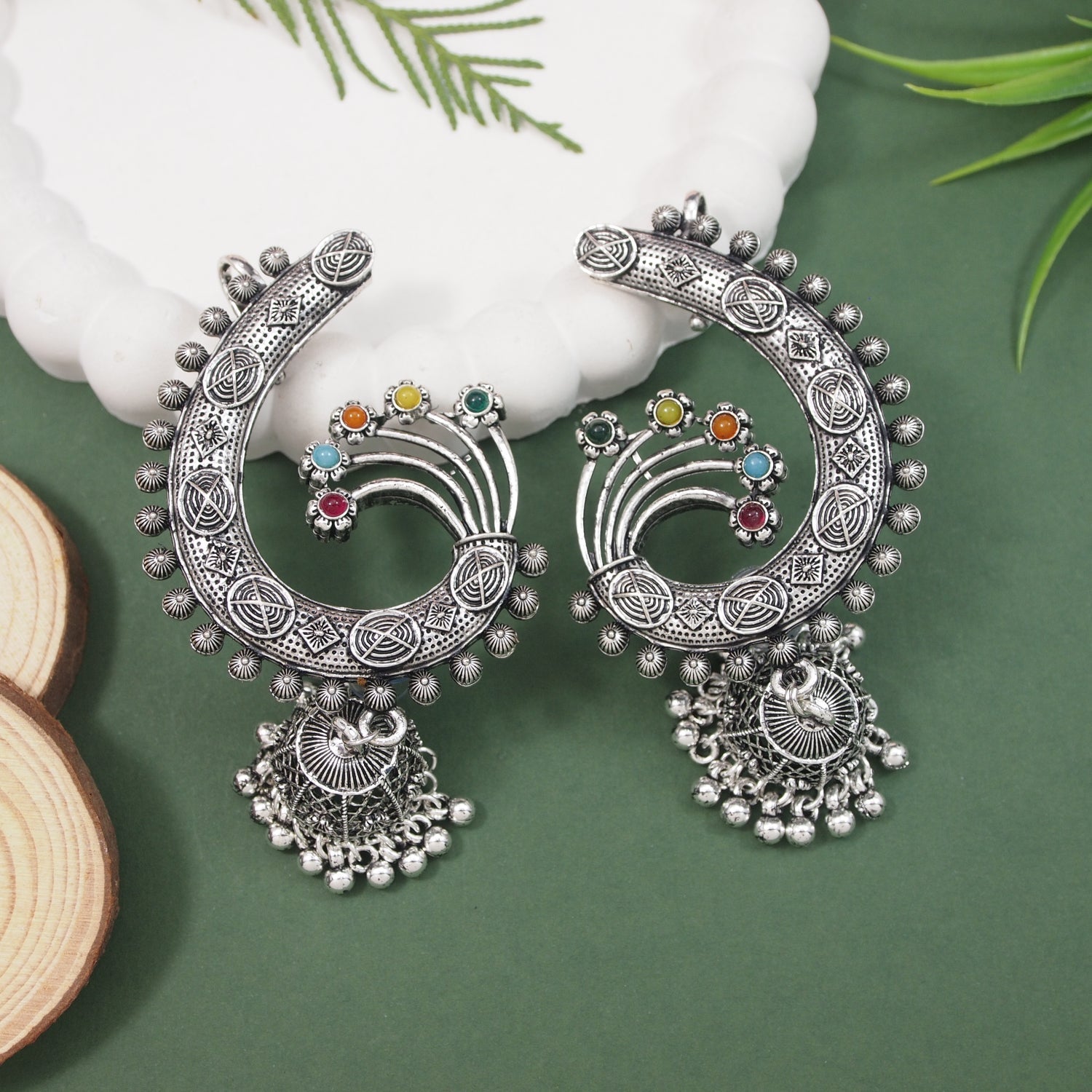 Etnico Silver Oxidised Traditional Ear Cuff with Jhumka Navratri Earrings For Women (Traditional)