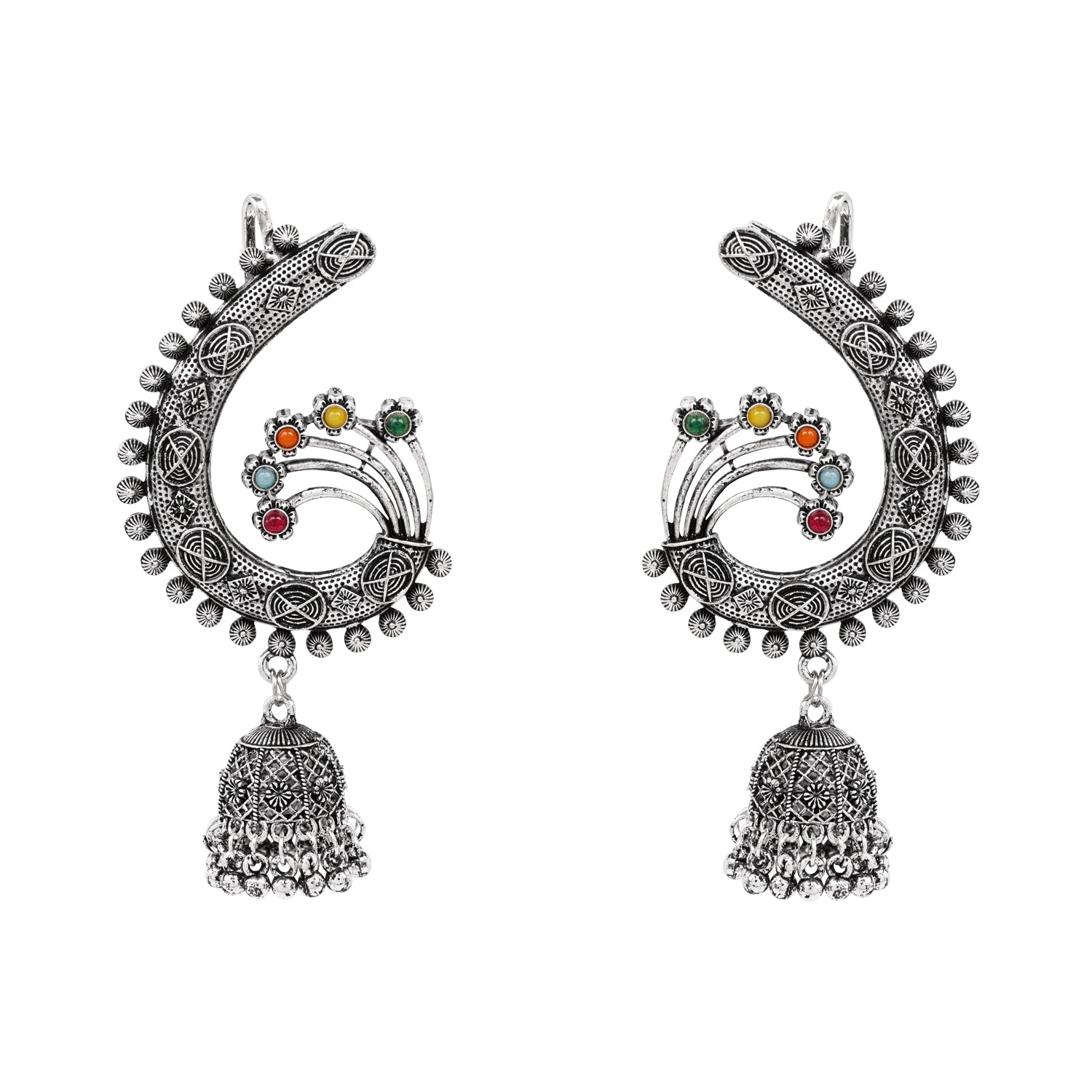 Etnico Silver Oxidised Traditional Ear Cuff with Jhumka Navratri Earrings For Women (Traditional)
