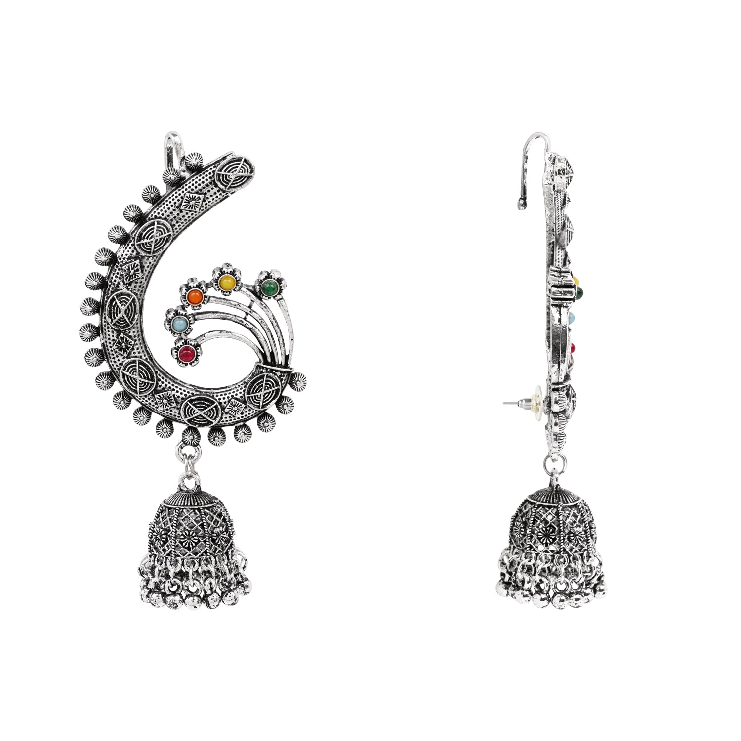 Etnico Silver Oxidised Traditional Ear Cuff with Jhumka Navratri Earrings For Women (Traditional)